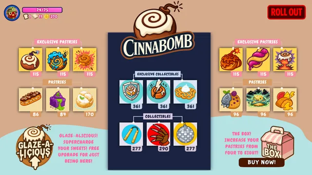 Mall Mayhem CinnaBomb shop with pastries, collectibles, and upgrades.
