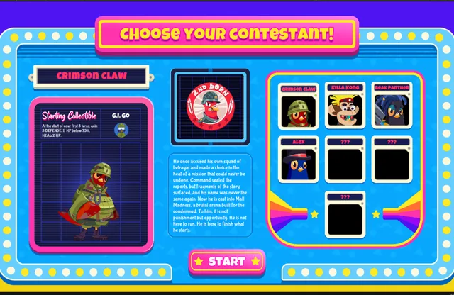 Mall Mayhem contestant selection showing Crimson Claw, Killa Kong, Beakpanther, and Alex.