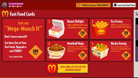 Mall Mayhem fast food shop offering food-themed cards and an upgrade.