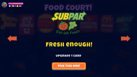 Mall Mayhem food court selection screen showing Subpar and a card upgrade option.