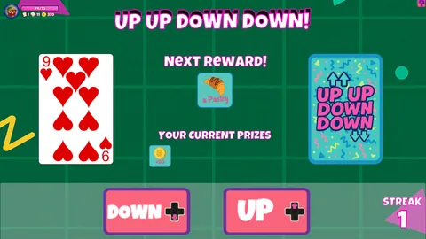 Mall Mayhem Up Up Down Down game showing a nine of hearts, a streak counter, and up and down choices.