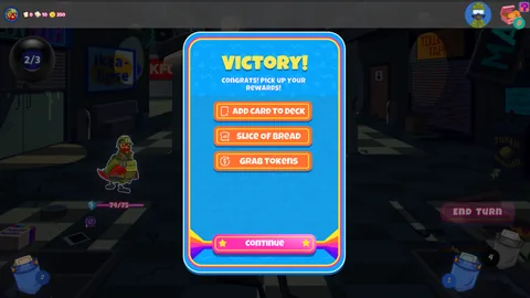 Mall Mayhem victory screen offering a card, bread, or tokens as a reward.