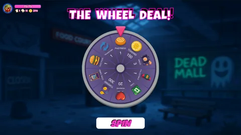 Mall Mayhem Wheel Deal prize wheel with token and item rewards.